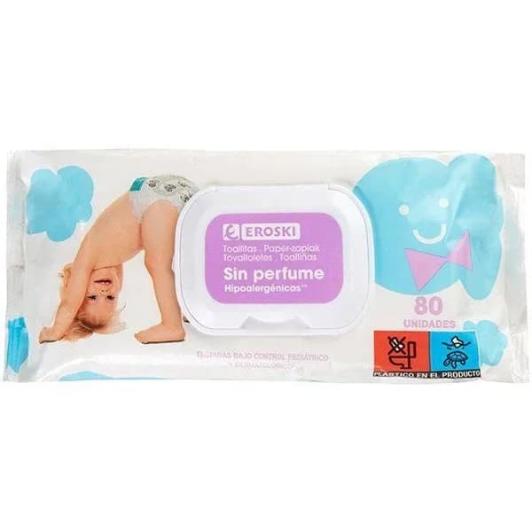 Toallitas sin perfume EROSKI BEBÉ, paquete 80 uds - 80 ud - Imagen del producto en Findit