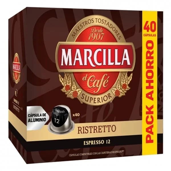 Café ristretto en cápsulas Marcilla compatible con Nespresso 40 unidades de 5,2 g. - 40.47 ud - Imagen del producto en Findit