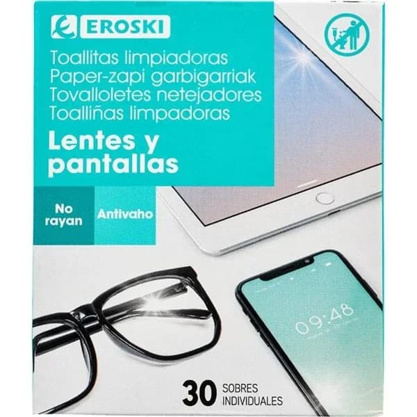 Toallitas limpia pantallas-lentes EROSKI, caja 30 uds. - 1 ud - Imagen del producto en Findit