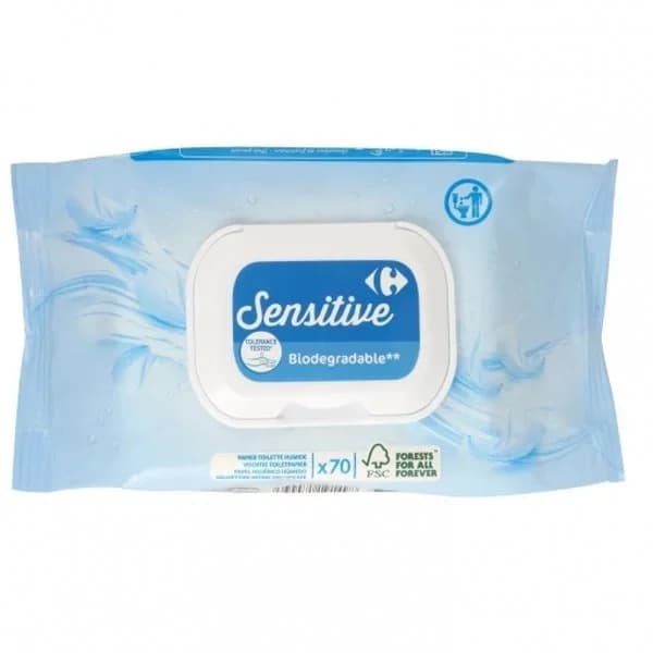 Papel higiénico húmedo sensitive Carrefour 70 ud. - 87.5 ud - Imagen del producto en Findit