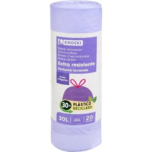 Bolsa de basura perfumada c. cierre 30 l. EROSKI, paquete 20 uds - 20 ud - Imagen del producto en Findit