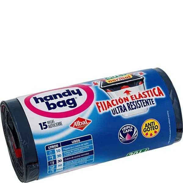 Bolsas de Basura Fijación Elástica 100% Reciclado 30L 15 ud HANDY BAG - 15 ud - Imagen del producto en Findit