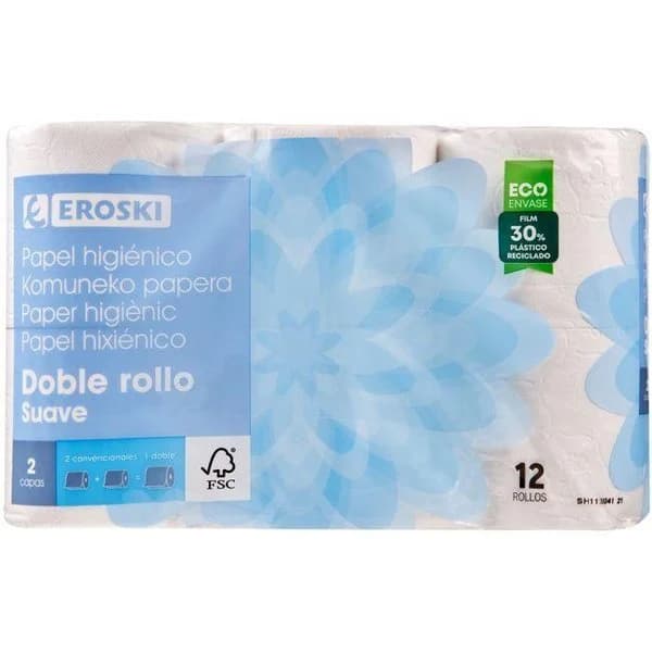 Papel higiénico suave doble rollo EROSKI, paquete 12 rollos - 12 ud - Imagen del producto en Findit