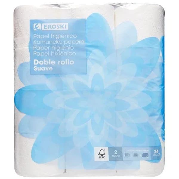 Papel higiénico suave doble rollo EROSKI, paquete 24 rollos - 24 ud - Imagen del producto en Findit