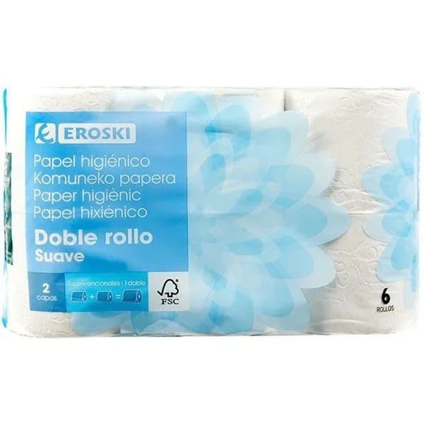 Papel higiénico suave doble rollo EROSKI, paquete 6 rollos - 6 ud - Imagen del producto en Findit