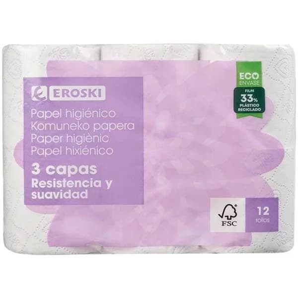 Papel higiénico 3 capas EROSKI, paquete 12 rollos - 12 ud - Imagen del producto en Findit