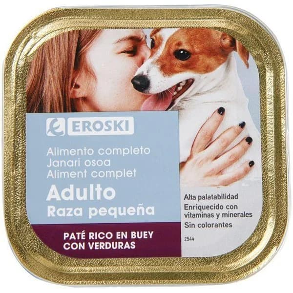 Paté de buey para perros de razas pequeñas EROSKI, lata 150 g - 0.15 kg - Imagen del producto en Findit
