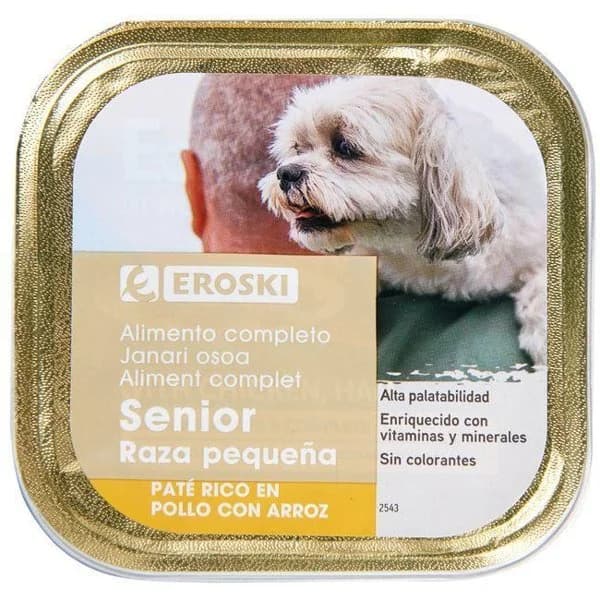 Paté de pollo para perro senior raza pequeña EROSKI, lata 150 g - 0.15 kg - Imagen del producto en Findit