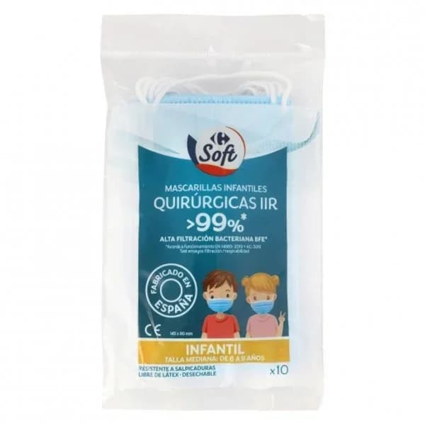 Mascarilla quirúrgica desechable tipo IIR infantiles Soft Carrefour pack de 10 ud. - 9.9 ud - Imagen del producto en Findit