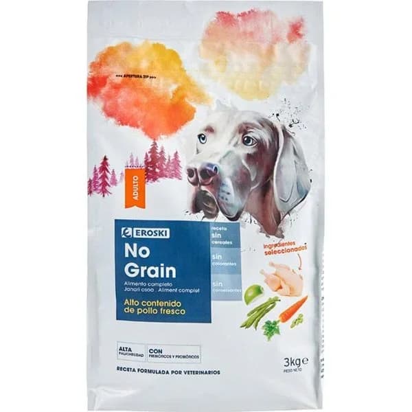 Alimento no grain de pollo para perro EROSKI, saco 3 kg - 3 kg - Imagen del producto en Findit