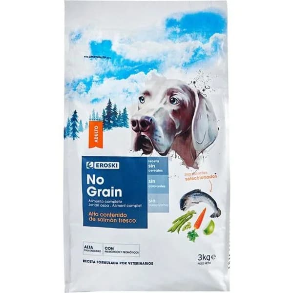 Alimento no grain de salmón para perro EROSKI, saco 3 kg - 3 kg - Imagen del producto en Findit