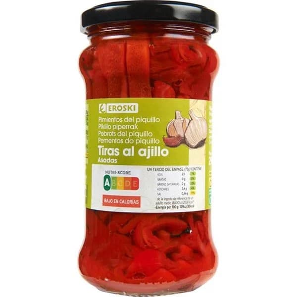 Pimiento del piquillo en tiras con ajo EROSKI, frasco 225 g - 0.23 kg - Imagen del producto en Findit