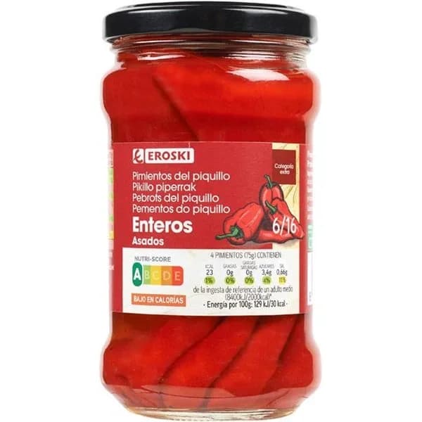 Pimiento de piquillo entero EROSKI, frasco 225 g - 0.23 kg - Imagen del producto en Findit