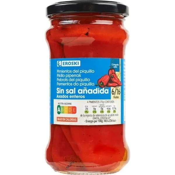 Pimiento del piquillo entero bajo en sal EROSKI, frasco 225 g - 0.23 kg - Imagen del producto en Findit