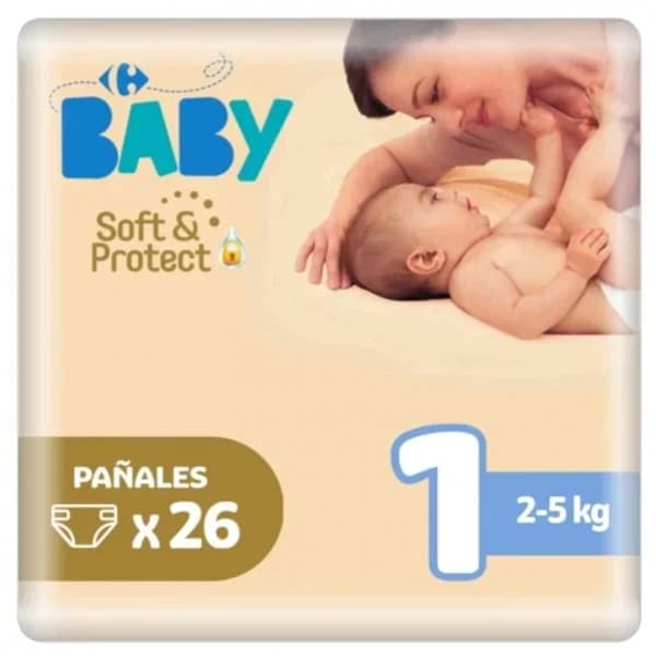 Pañales Carrefour Baby Soft&Protect Talla 1 (2-5 kg) 26 ud. - 23 ud - Imagen del producto en Findit