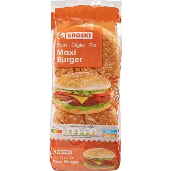 Pan hamburguesa Maxiburguers EROSKI, 4 unid., paquete 300 g - 0.3 kg - Imagen del producto en Findit