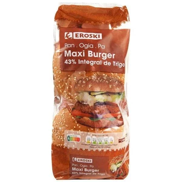 Maxi pan burguer 43% integral EROSKI, 4 uds, paquete 330 g - 0.33 kg - Imagen del producto en Findit