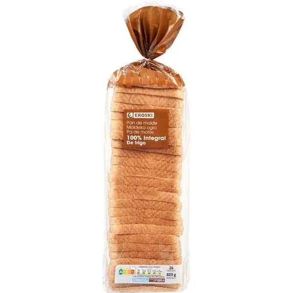 Pan de molde 100% integral con corteza EROSKI, paquete 820 g - 0.82 kg - Imagen del producto en Findit