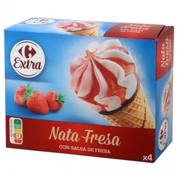 Conos con helado de nata y fresa con salsa de fresa Carrefour 4 ud. - 4.02 ud - Imagen del producto en Findit