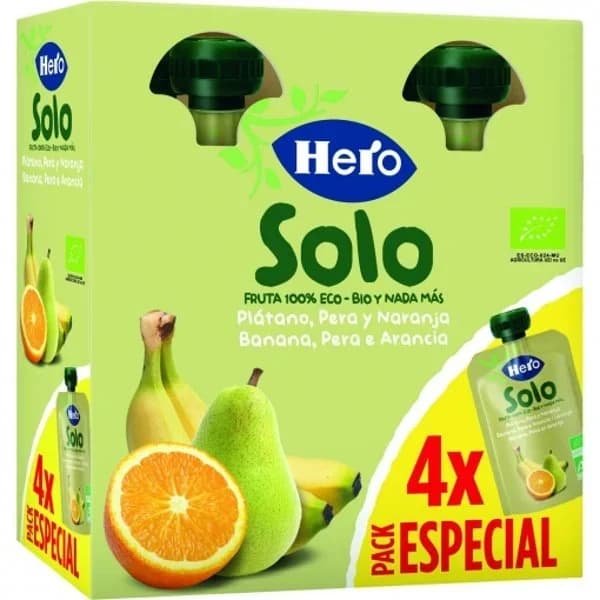 Bolsita de plátano, pera y naranja ecológica Hero Solo pack sin gluten 4 unidades de 100 g. - 0.4 kg - Imagen del producto en Findit