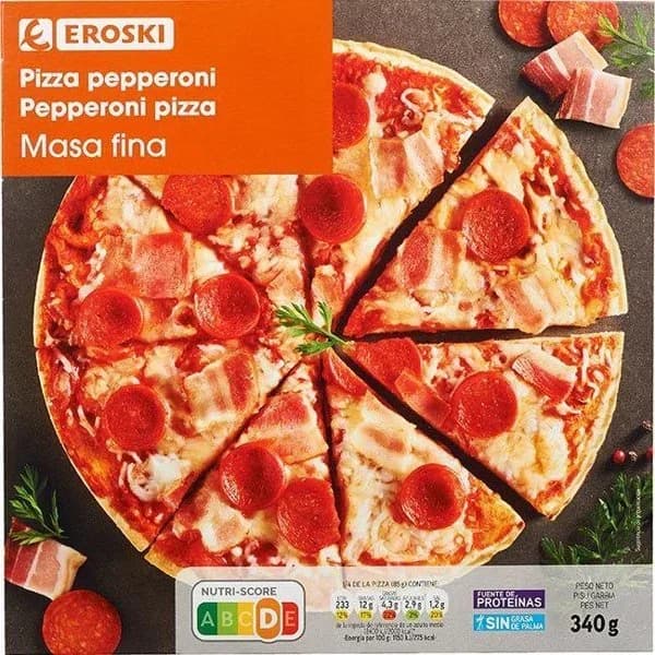 Pizza pepperoni EROSKI, caja 345 g - 0.35 kg - Imagen del producto en Findit