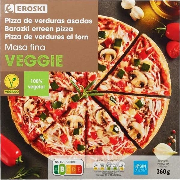 Pizza vegana EROSKI VEGGIE, caja 360 g - 1 ud - Imagen del producto en Findit