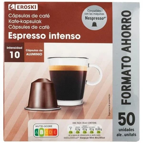 Café expresso intenso comp. Nespresso EROSKI, caja 50 uds - 50 ud - Imagen del producto en Findit