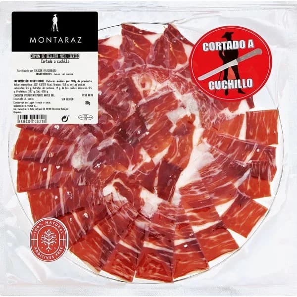 Jamón Bellota 100% Ibérico Cortado a Cuchillo - 0.08 kg - Imagen del producto en Findit