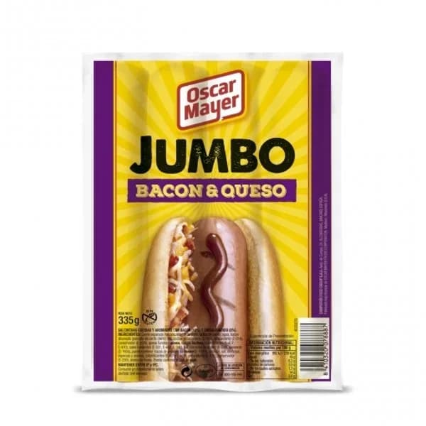 Salchichas Jumbo de queso con bacon Oscar Mayer sin gluten 335 g. - 0.33 kg - Imagen del producto en Findit