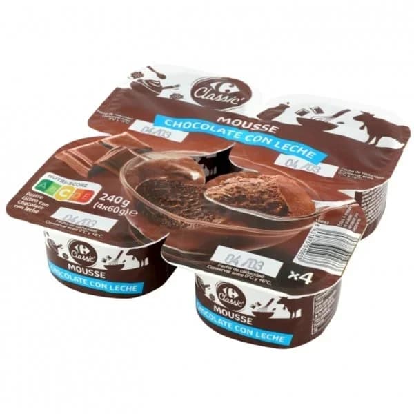 Mousse de chocolete con leche Carrefour Classic´ pack de 4 unidades de 60 g. - 0.24 kg - Imagen del producto en Findit