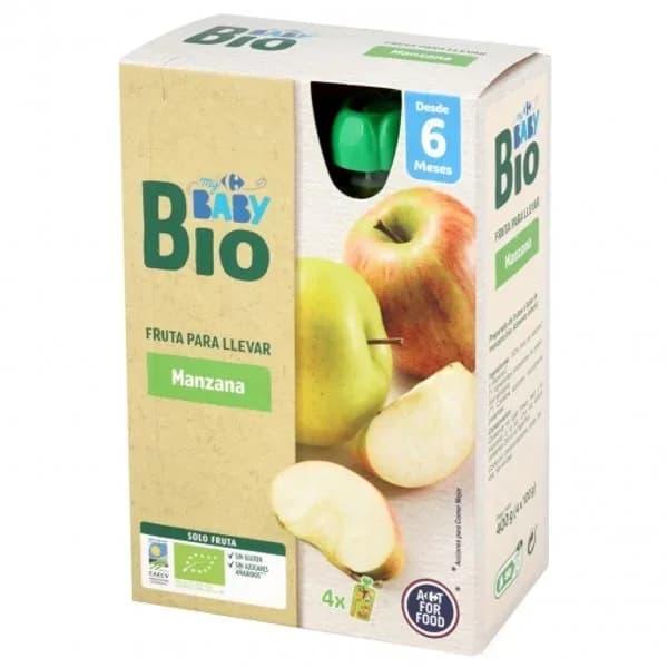 Preparado de manzana sin azúcar añadido desde 6 meses ecológico My Carrefour Baby sin gluten pack de 4 bolsitas de 100 g. - 0.4 kg - Imagen del producto en Findit