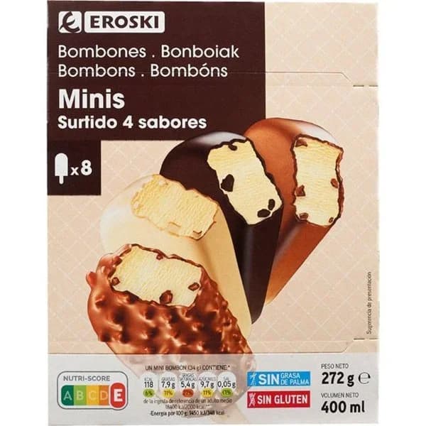 Surtido mini bombones 4 sabores EROSKI, pack 8x50 ml - 0.4 l - Imagen del producto en Findit
