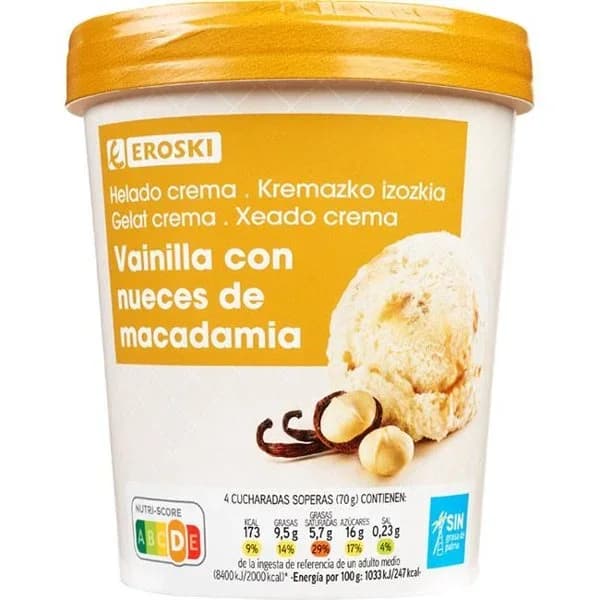 Helado de vainilla y macadamia EROSKI, tarrina 500 ml - 0.5 l - Imagen del producto en Findit