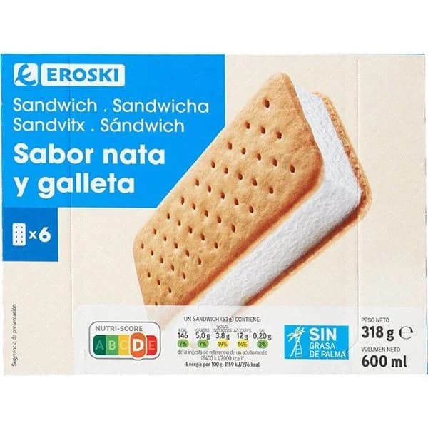 Helado sandwich de nata y galleta EROSKI, pack 6x100 ml - 0.6 l - Imagen del producto en Findit