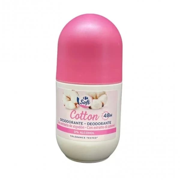 Desodorante roll-on control cotton 48h 0% alcohol Carrefour Soft 50 ml. - 0.05 l - Imagen del producto en Findit