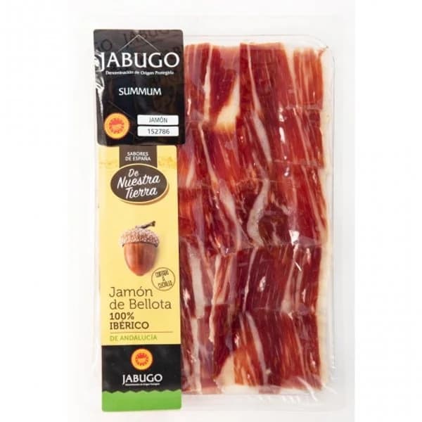 Jamón de Bellota Ibérico 100% Raza Ibérica DOP Jabugo cortado a cuchillo De Nuestra Tierra 80 g - 0.08 kg - Imagen del producto en Findit