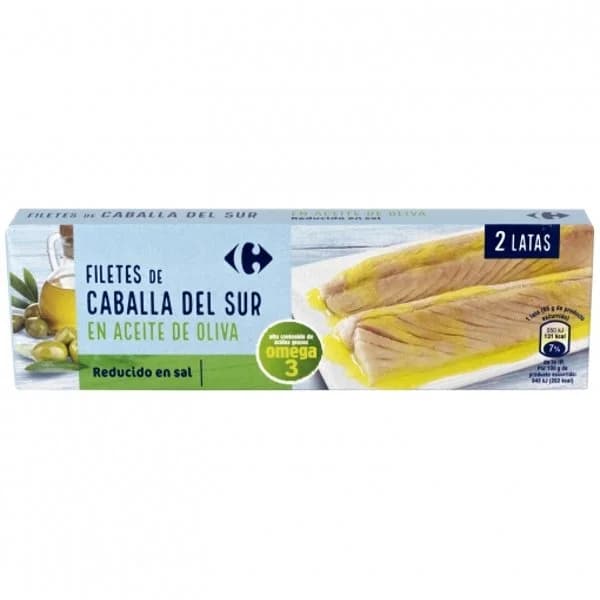 Filetes de caballa del sur en aceite de oliva bajo en sal Classic Carrefour pack de 2 latas de 65 g. - 0.13 kg - Imagen del producto en Findit