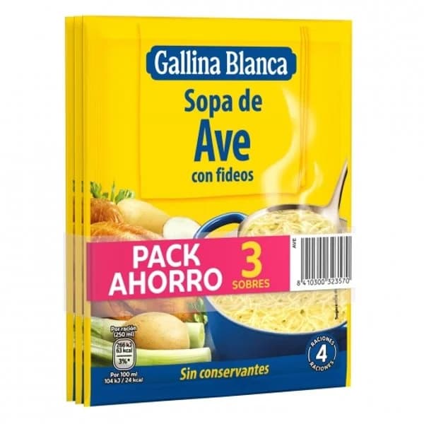 Sopa de ave con fideos GALLINA BLANCA, pack 3x76 g - 0.23 kg - Imagen del producto en Findit