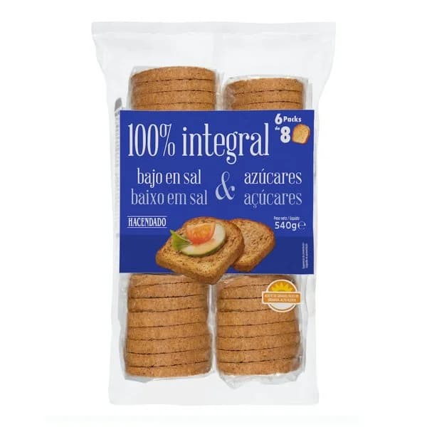 Pan tostado 100% integral bajo en sal y en azúcares Hacendado - 0.54 kg - Imagen del producto en Findit
