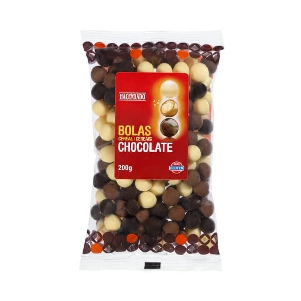 Bolas de cereal bañadas Hacendado de chocolate negro  con leche y blanco - 0.2 kg - Imagen del producto en Findit
