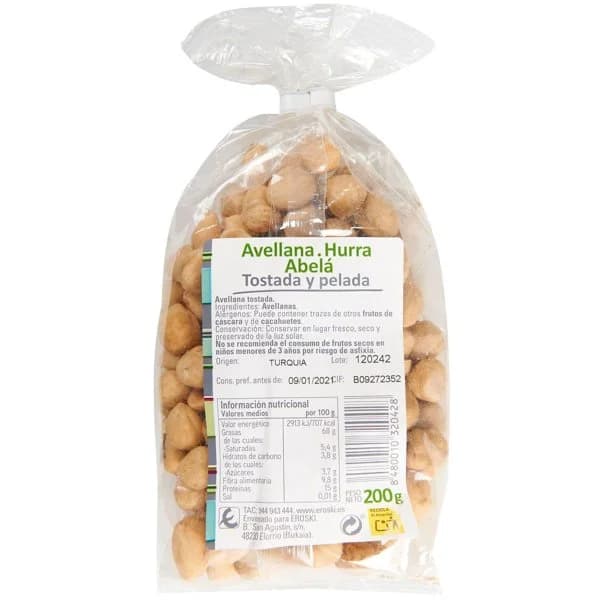 Avellana repelada tostada EROSKI, bolsa 200 g - 0.2 kg - Imagen del producto en Findit