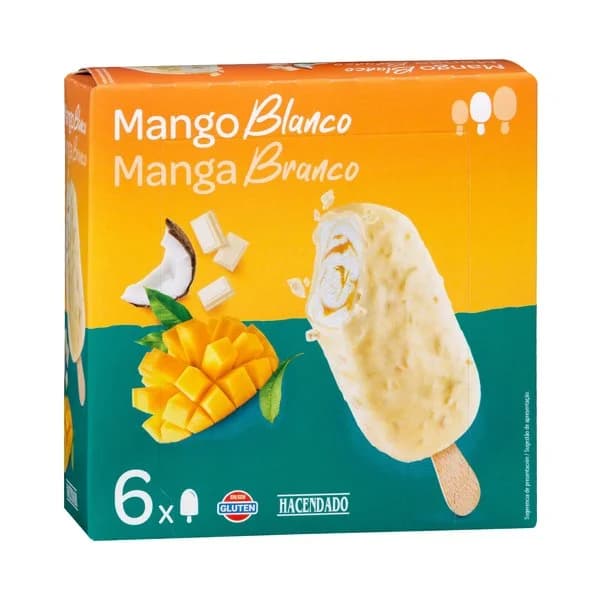 Helado bombón mango blanco Hacendado con salsa de mango y cobertura de chocolate blanco con trozos de coco crujientes - 0.54 l - Imagen del producto en Findit