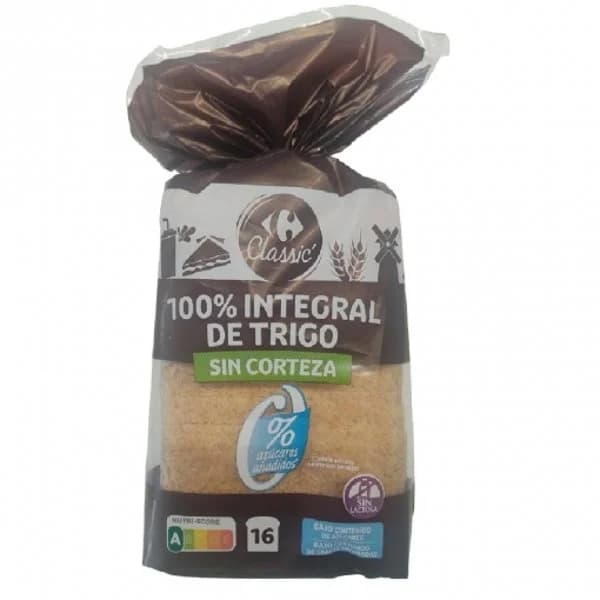 Pan de molde 100% integral de trigo sin corteza Carrefour Classic´ sin lactosa y sin azúcar añadido 450 g. - 0.45 kg - Imagen del producto en Findit
