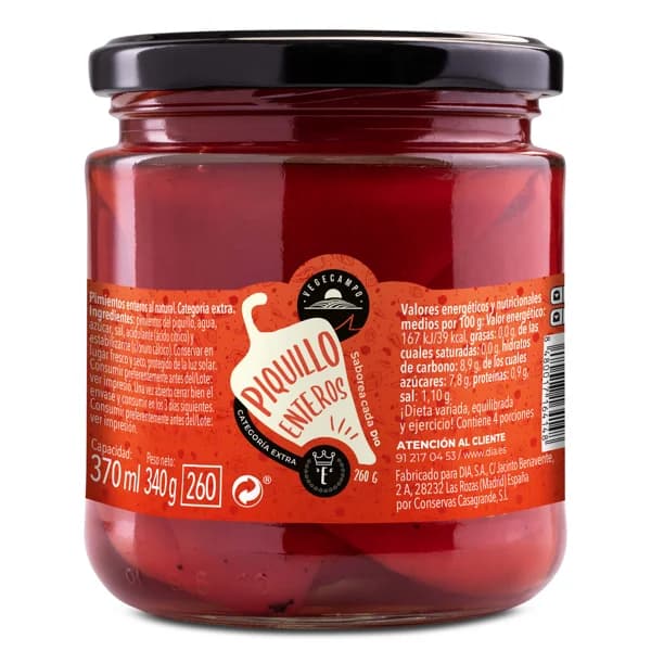 Pimientos del piquillo enteros al natural Vegecampo de Dia frasco 260 g - 0.26 kg - Imagen del producto en Findit