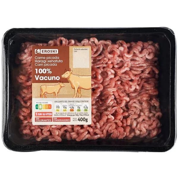 Carne picada 100% vacuno EROSKI, bandeja 400 g - 0.4 kg - Imagen del producto en Findit
