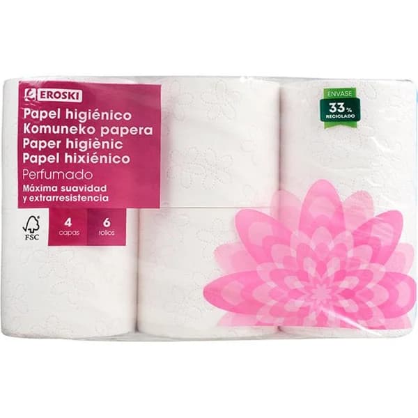 Papel higiénico 4 capas perfumado EROSKI, paquete 6 rollos - 6 ud - Imagen del producto en Findit