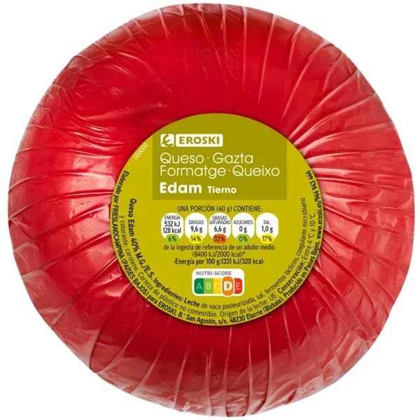 Queso Bola Edam EROSKI, al corte, compra mínima 250 g - 0.25 kg - Imagen del producto en Findit