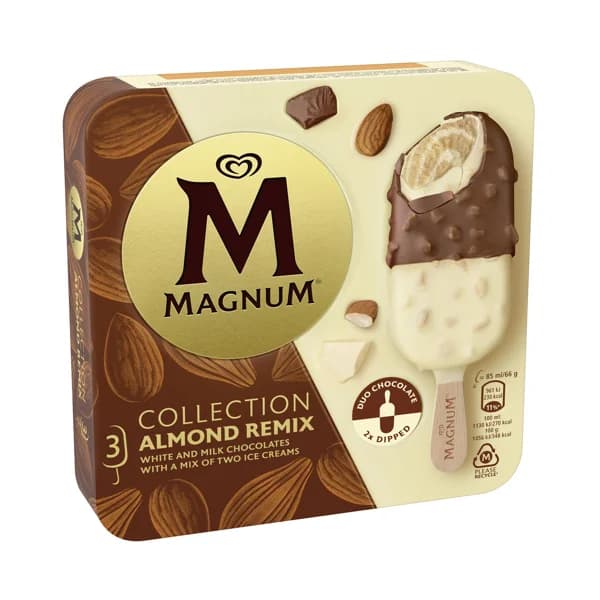 MAGNUM Almond remix Bombón almendrado con helado sabor almendra, recubierto de chocolate con leche y chocolate blanco 3 x 85 ml. - 0.26 l - Imagen del producto en Findit